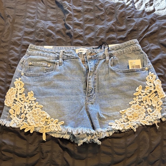 Almost Famous Light Blue Jean Shorts with Cream Lace - Picture 1 of 3